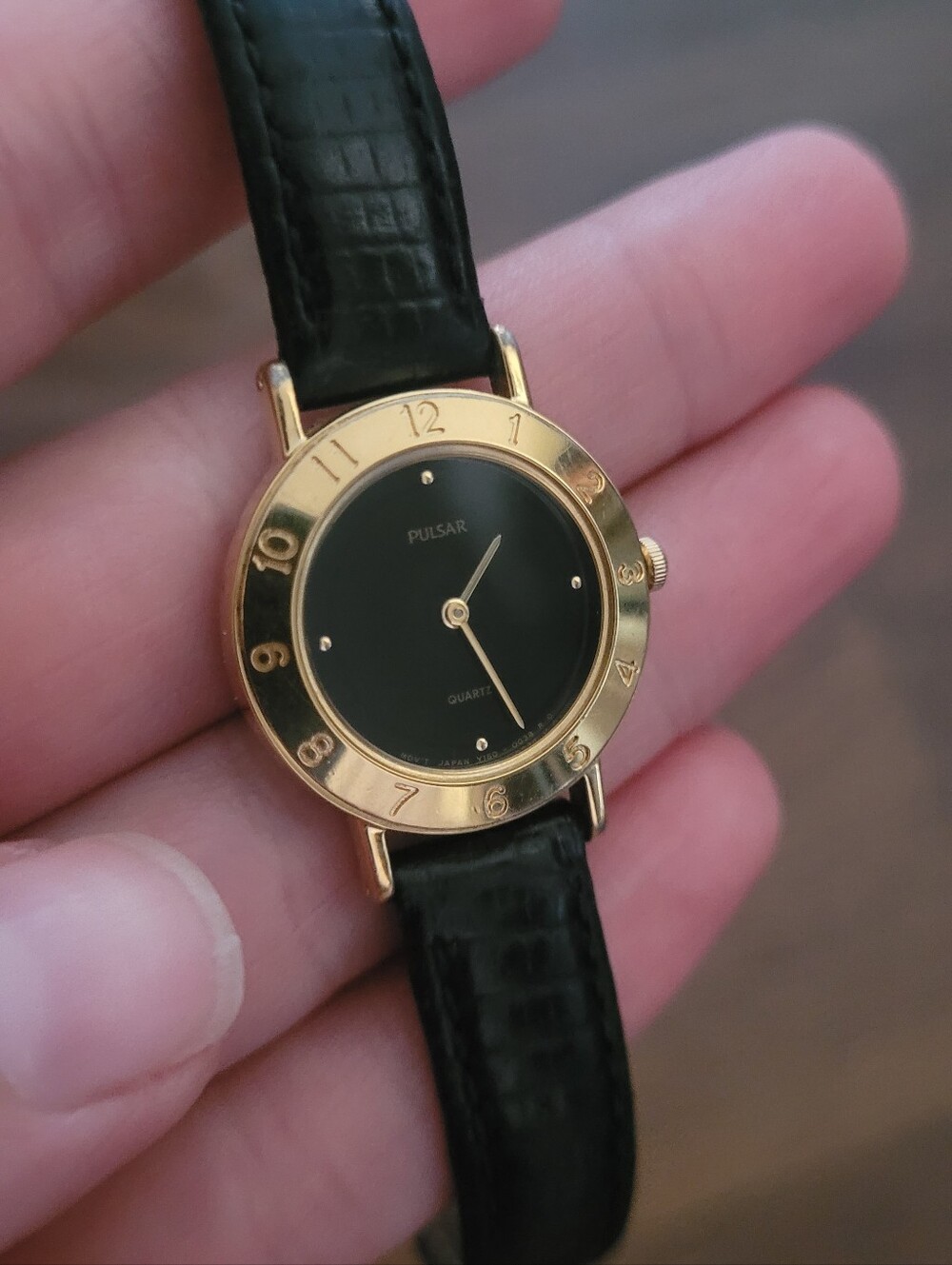 Vintage Pulsar Quartz Women's Wristwatch, Black and Gold Toned with Leather Band - Picture 2 of 4